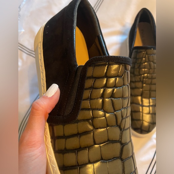 Via Spiga Black Green Leather Slip On Croc Embossed Sneaker Size 11 - Picture 5 of 6